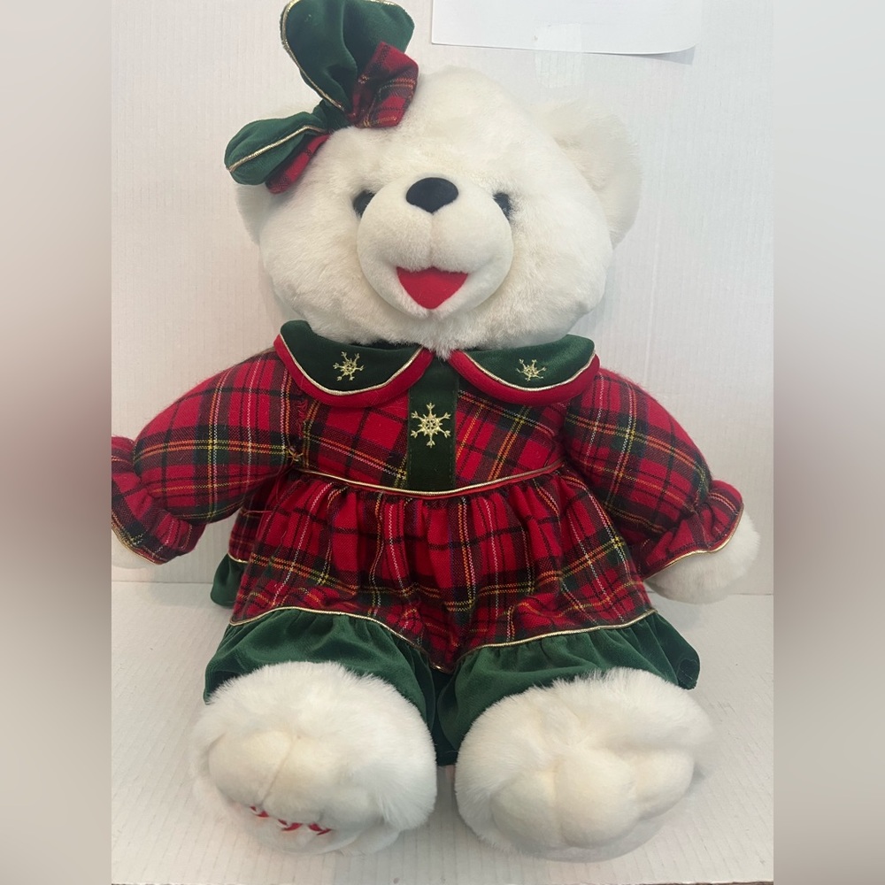 Vintage 1999 Snowflake Teddy Dressed In Holiday Dress And Bow Bear Plush
